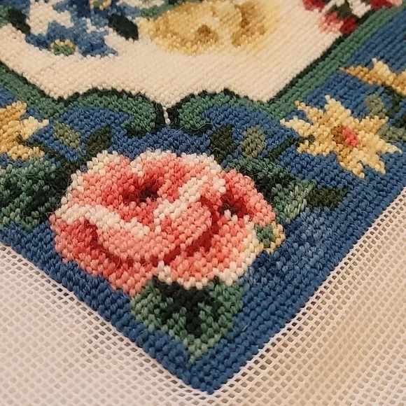 Floral Needlepoint Tapestry with Blue Border - Picture 2 of 6